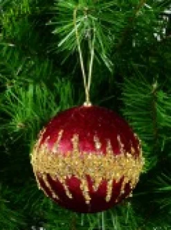 Christmas Warehouse Burgundy Velvet Bauble With Gold Christmas Tree Hanging Decoration - 10Cm><noscript><img width=