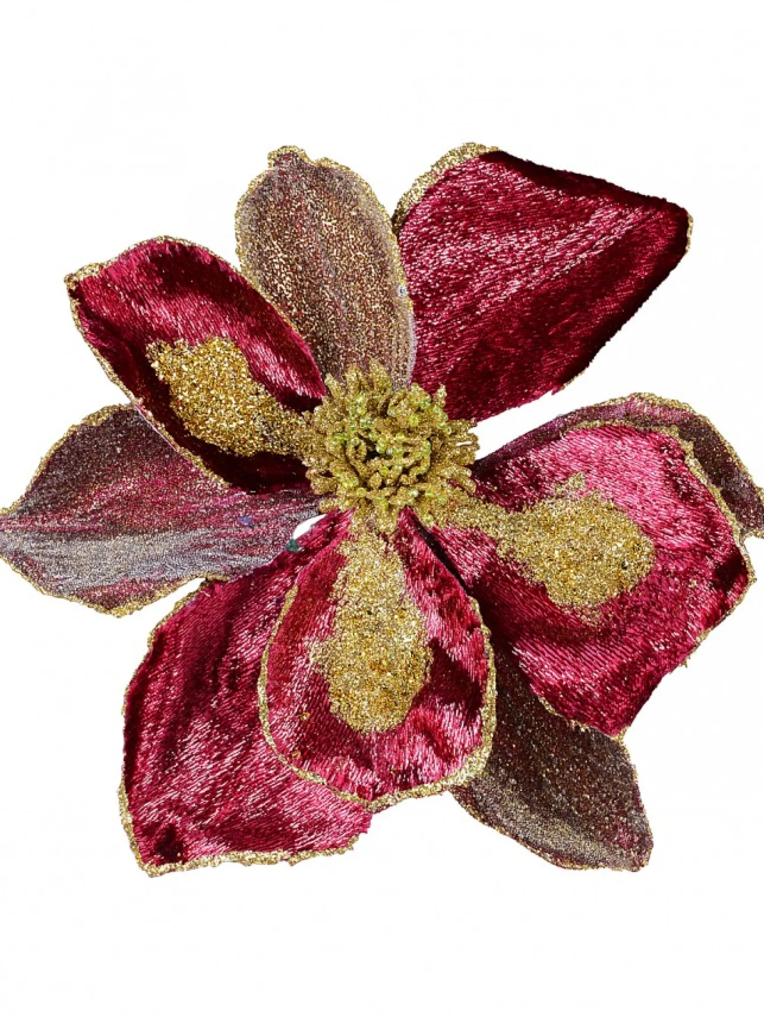 Christmas Warehouse Burgundy With Gold Glitter Magnolia Decorative Christmas Flower Pick - 22Cm> Christmas Picks