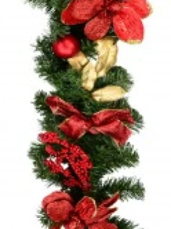 Christmas Warehouse Decorated Red Bauble, Berry & Poinsettia & Gold Leaf Pine Garland - 1.8M><noscript><img width=