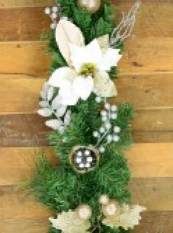 Christmas Warehouse Decorated White Poinsettia, Mistletoe, Berries & Baubles Pine Garland - 2.3M><noscript><img width=