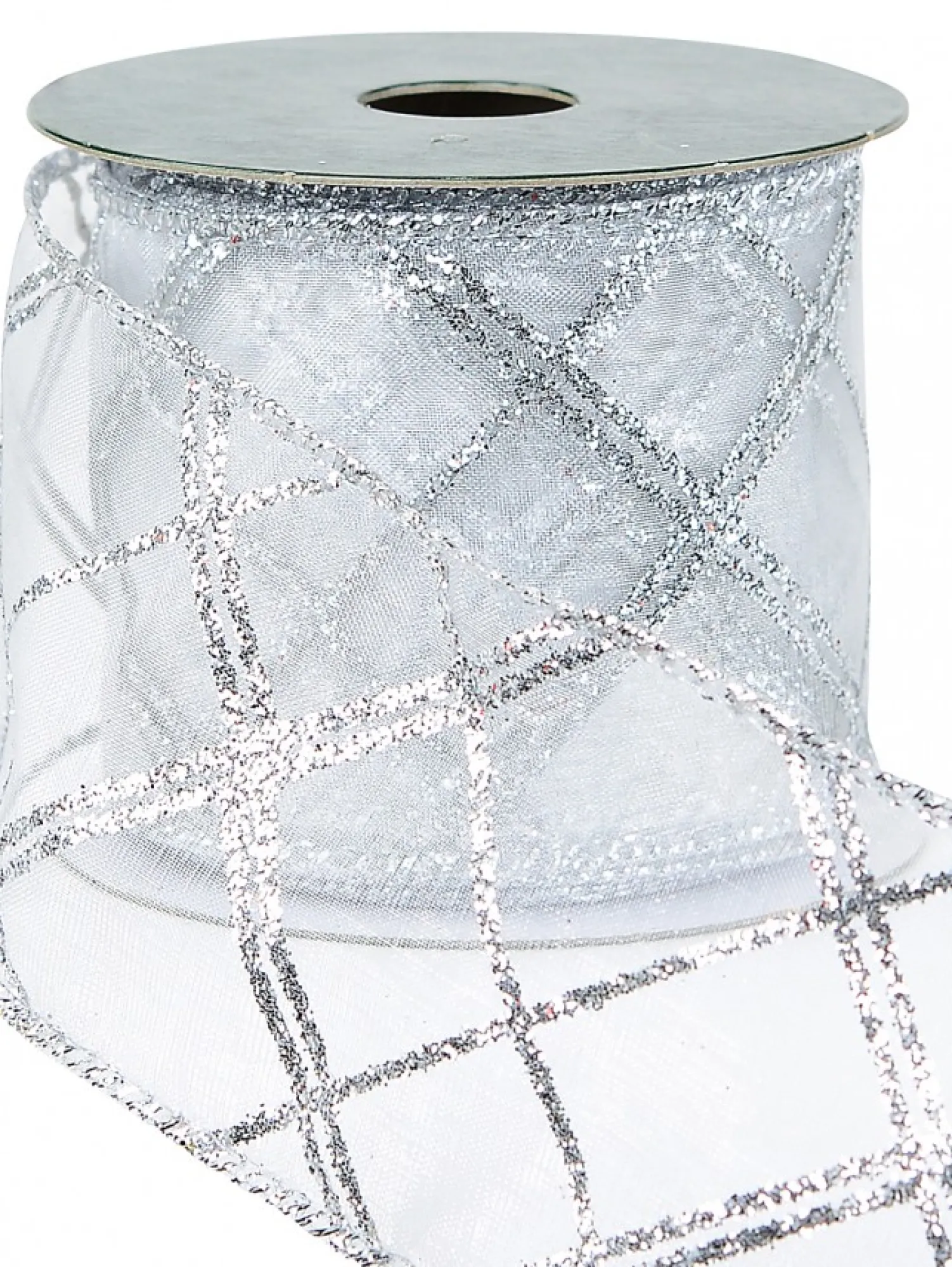 Christmas Warehouse Diagonal Lines Pattern On Sheer Christmas Ribbon With Silver Edging - 3M> Christmas Ribbon