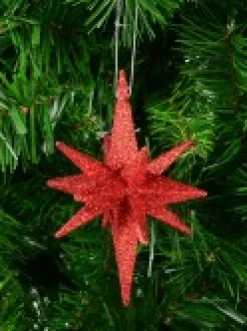 Christmas Warehouse Glittered Red 3D Star Of Bethlehem Christmas Tree Hanging Decoration - 14Cm><noscript><img width=