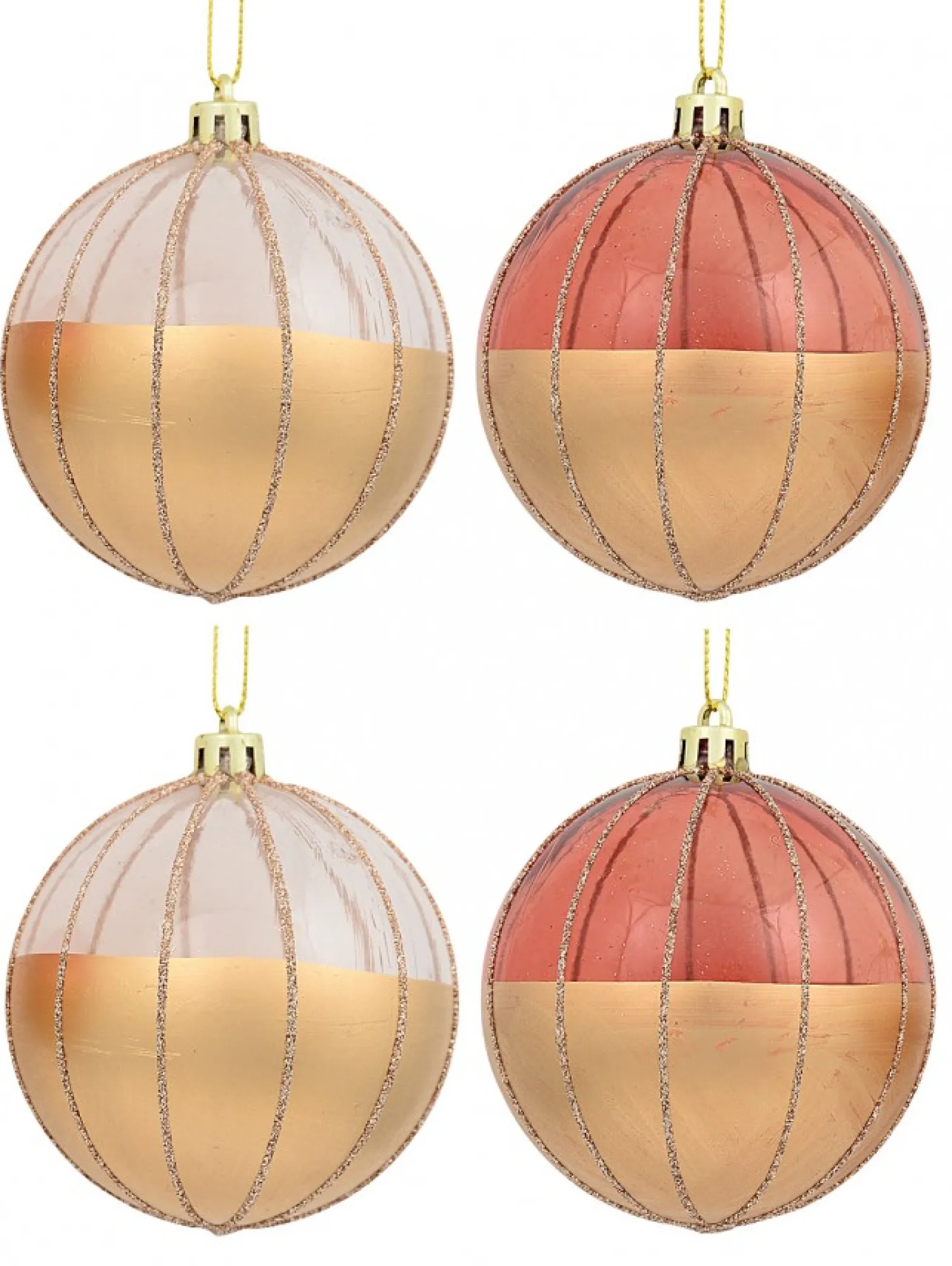 Christmas Warehouse Gold With Rose Gold Or Clear & Gold Glitter Lines Christmas Baubles - 6 X 60Mm> Bauble Packs