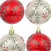 Christmas Warehouse Red & Pearl Christmas Baubles With Glitter Leaves & Dots Pattern - 4 X 80Mm> Bauble Packs