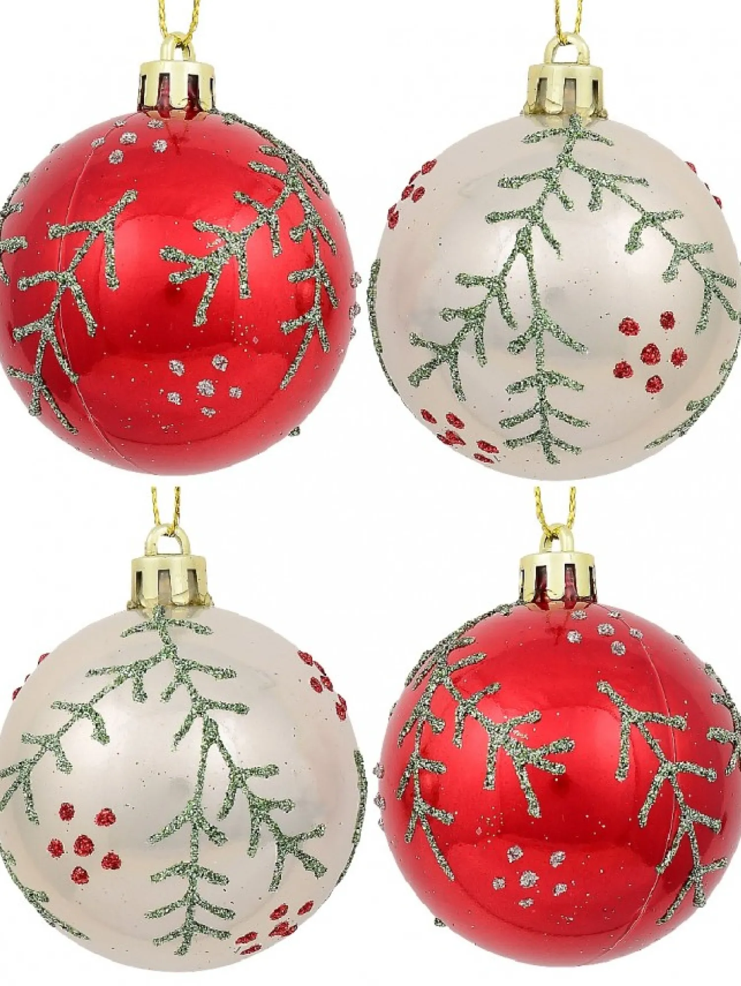 Christmas Warehouse Red & Pearl Christmas Baubles With Glittered Leaves & Dots Pattern - 6 X 60Mm> Bauble Packs