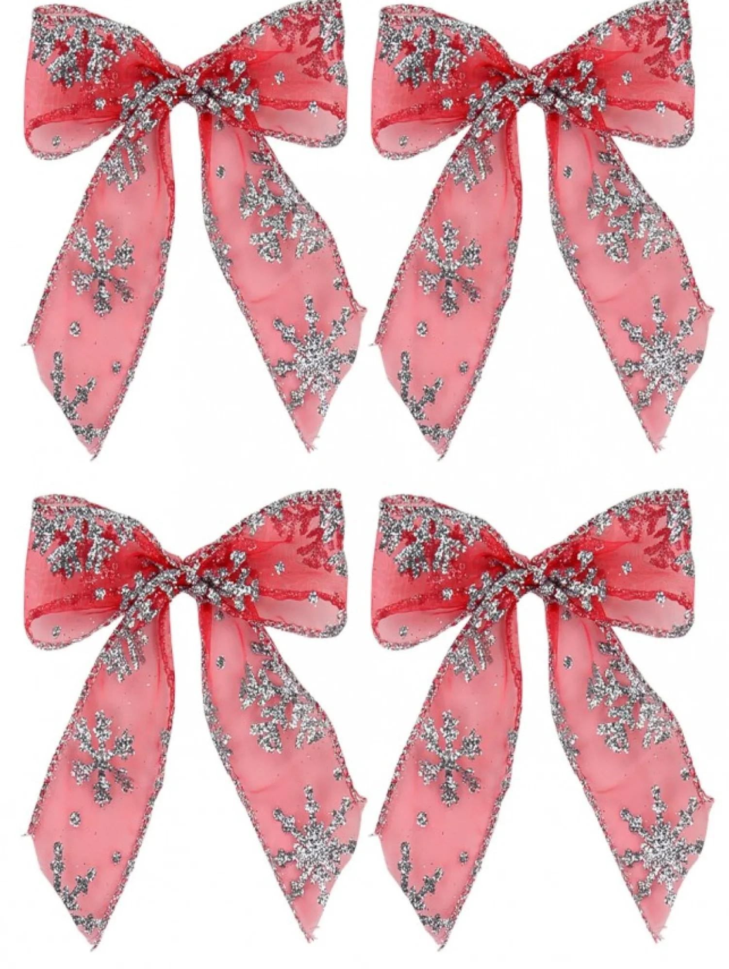 Christmas Warehouse Red Christmas Tree Bow Decorations With Silver Glitter Snowflakes - 6 X 12Cm> Christmas Bows