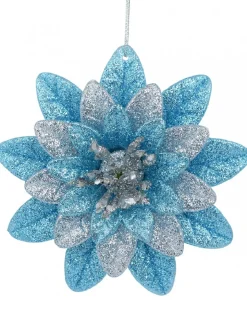 Christmas Warehouse Silver & Blue Glittered Lotus Flower Christmas Tree Hanging Decoration - 11Cm> Hanging Decorations - Individual