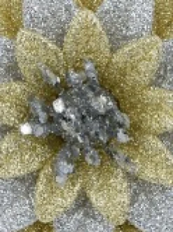 Christmas Warehouse Silver & Gold Glittered Lotus Flower Christmas Tree Hanging Decoration - 11Cm><noscript><img width=