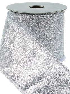 Christmas Warehouse Silver Glitter & Flecks Christmas Ribbon With Silver Glitter Edging - 3M> Christmas Ribbon