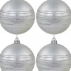 Christmas Warehouse Silver Matte Baubles With Thick Shiny & Thin Glittered Stripes - 4 X 80Mm> Bauble Packs