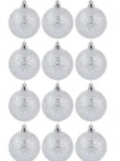 Christmas Warehouse Silver Metallic Sequins & Glitter Coated Christmas Baubles - 12 X 60Mm> Bauble Packs