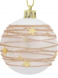 Christmas Warehouse Taupe, White & Clear Baubles With Gold Stars & Glitter Lines - 6 X 60Mm><noscript><img width=