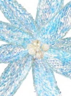Christmas Warehouse Turquoise Poinsettia With Iridescent Sequins Christmas Flower Pick - 26Cm><noscript><img width=